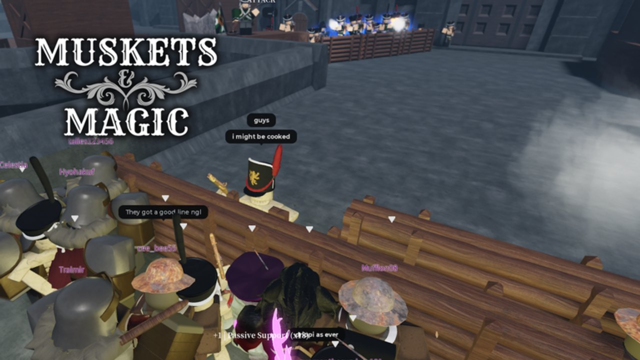 Muskets & Magic soldiers holding a wooden barricade during an early-access Roblox match