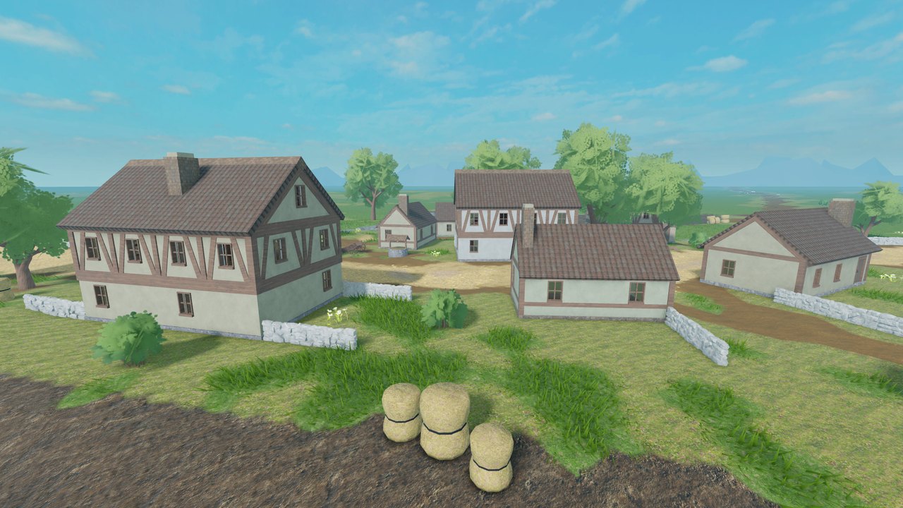 Battle of Prok's Glade village map in Muskets & Magic with timbered houses and hay bales